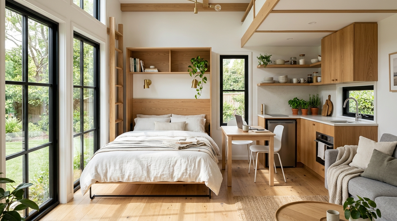 Open floor plan in a tiny house with multi-functional spaces and natural lighting.