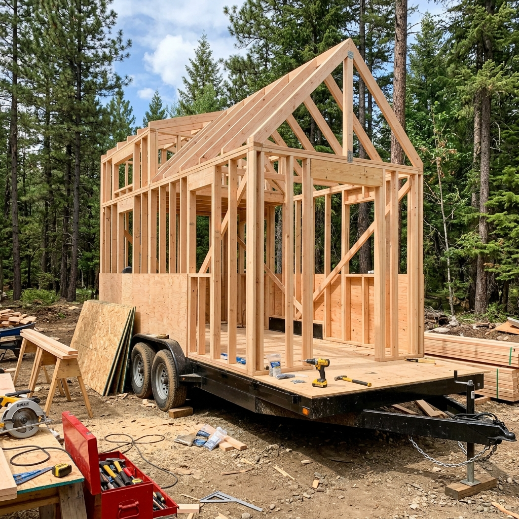 Partially constructed tiny house shell on a trailer in a forested area.