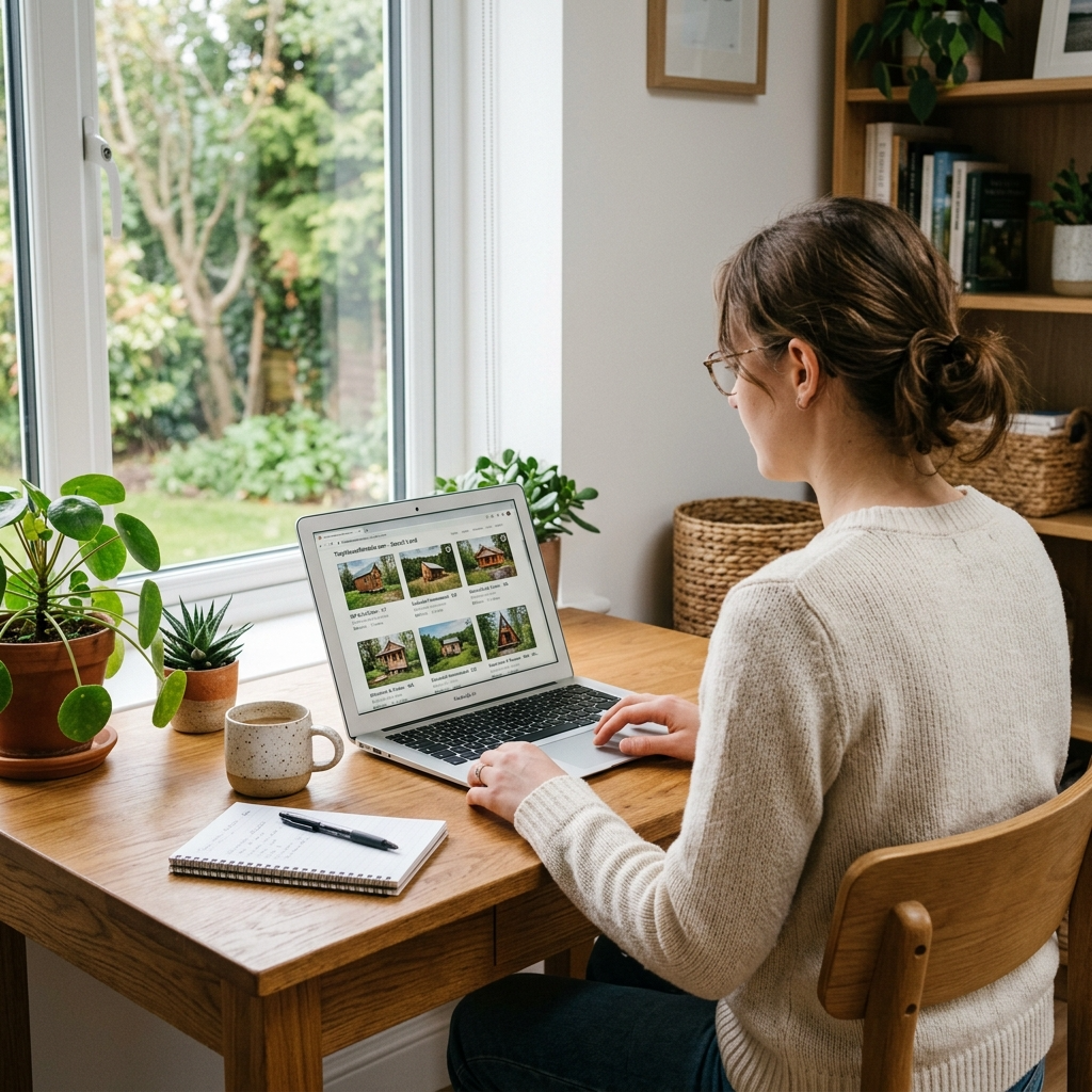 Person browsing online platforms for tiny house land rentals on a laptop.