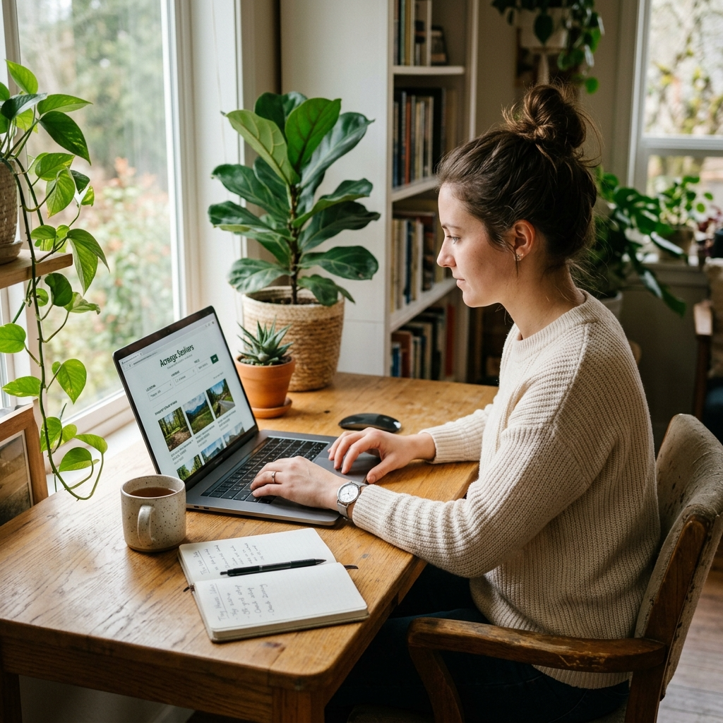 Person browsing real estate platforms for tiny house land options.
