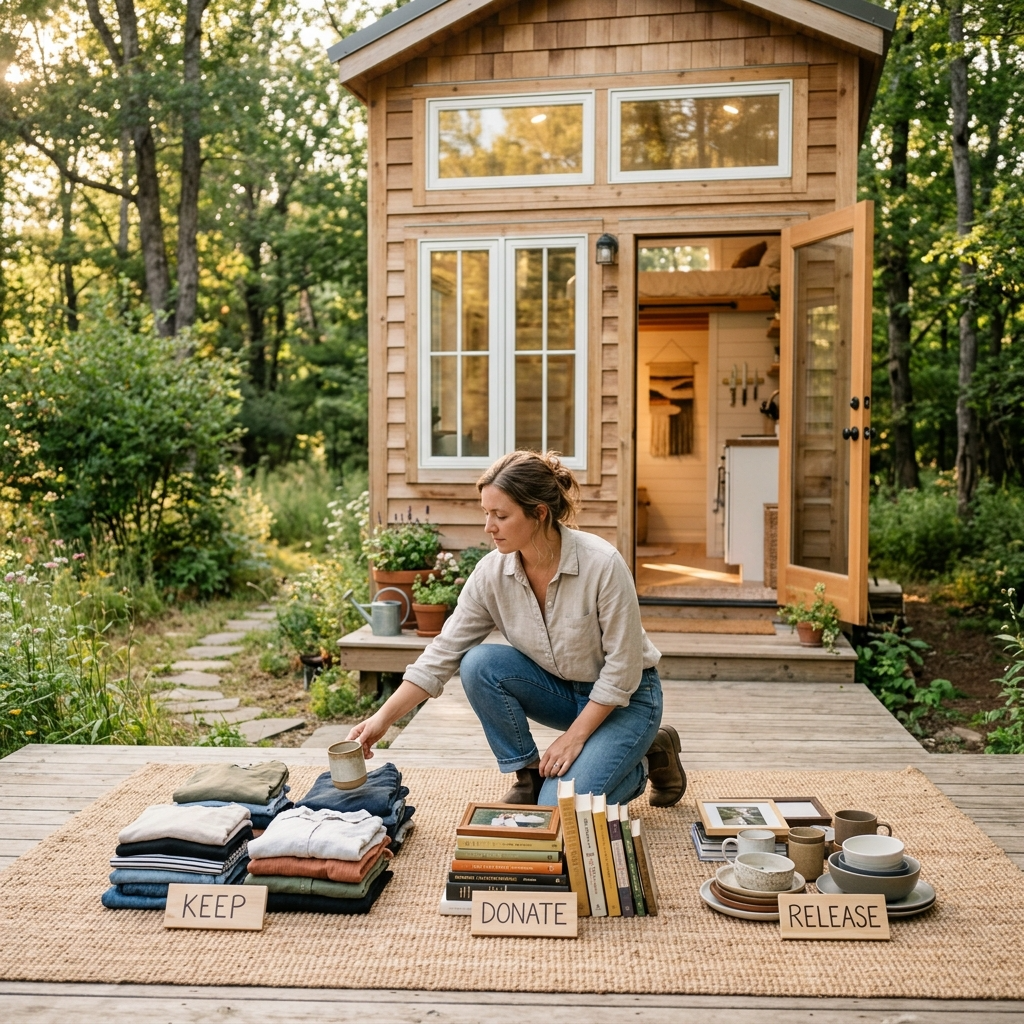 Person decluttering belongings outside a tiny house, embracing simplicity.