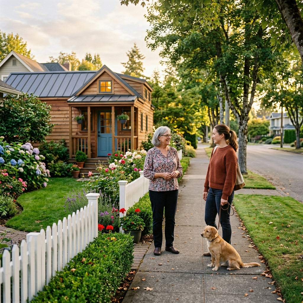 Person exploring a neighborhood and talking to a neighbor near a tiny house.