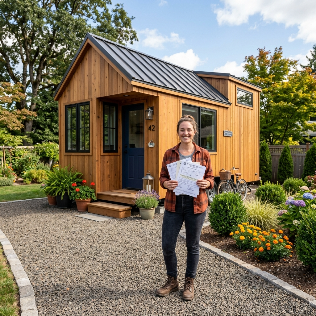 Person holding permits in front of tiny house on prepared land with gravel driveway.
