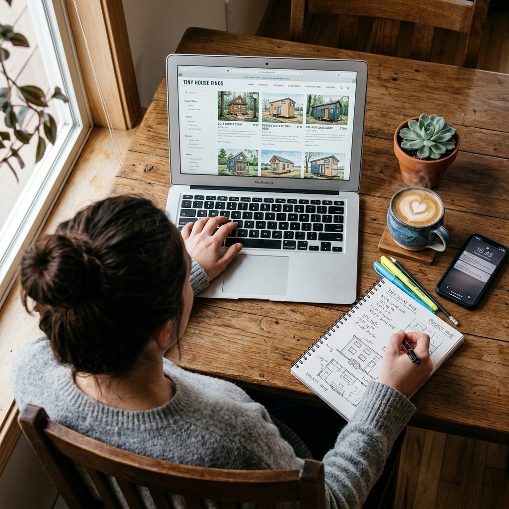 Person researching tiny house rent-to-own listings online, with laptop and notes on a desk.