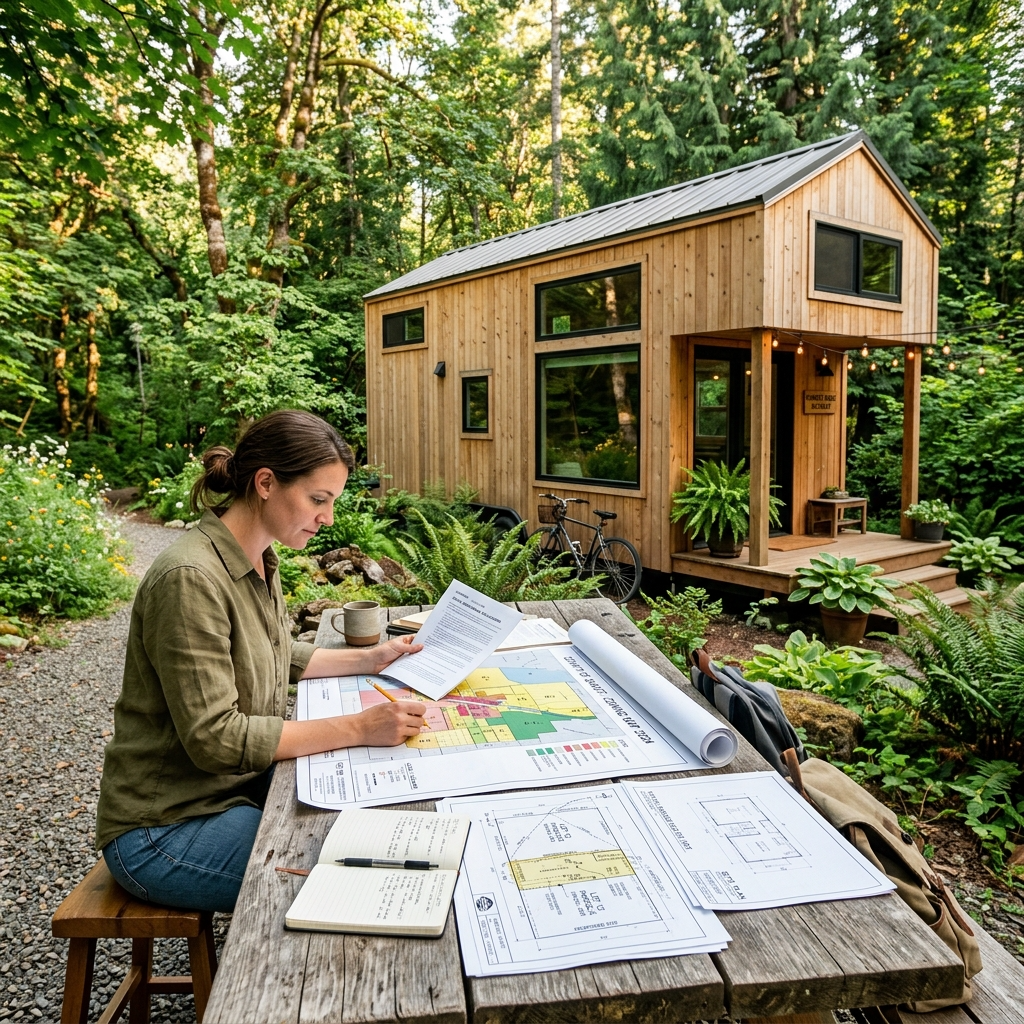 Person researching zoning laws for tiny house land purchase in a natural setting.