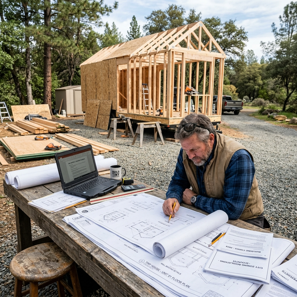 Person reviewing blueprints near a tiny house shell under construction.