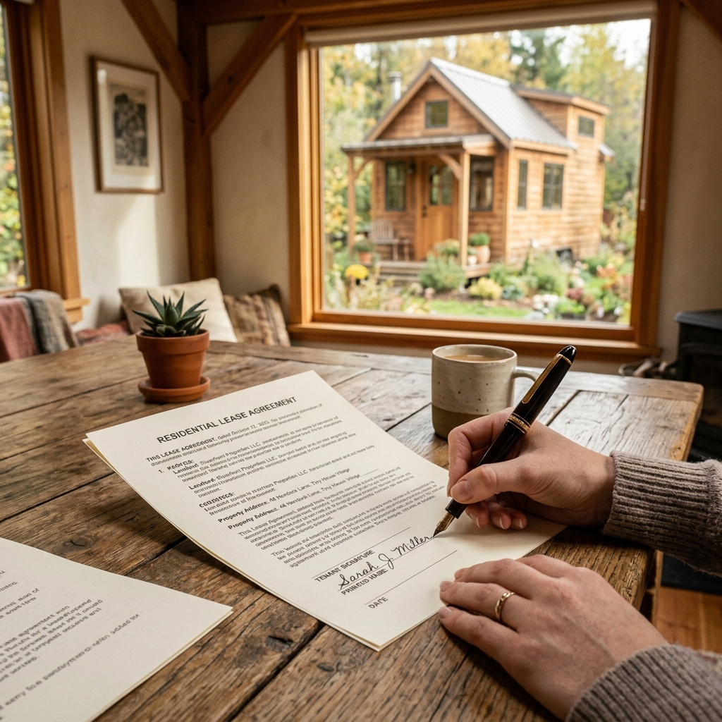 Person signing a lease agreement for tiny house land rental.