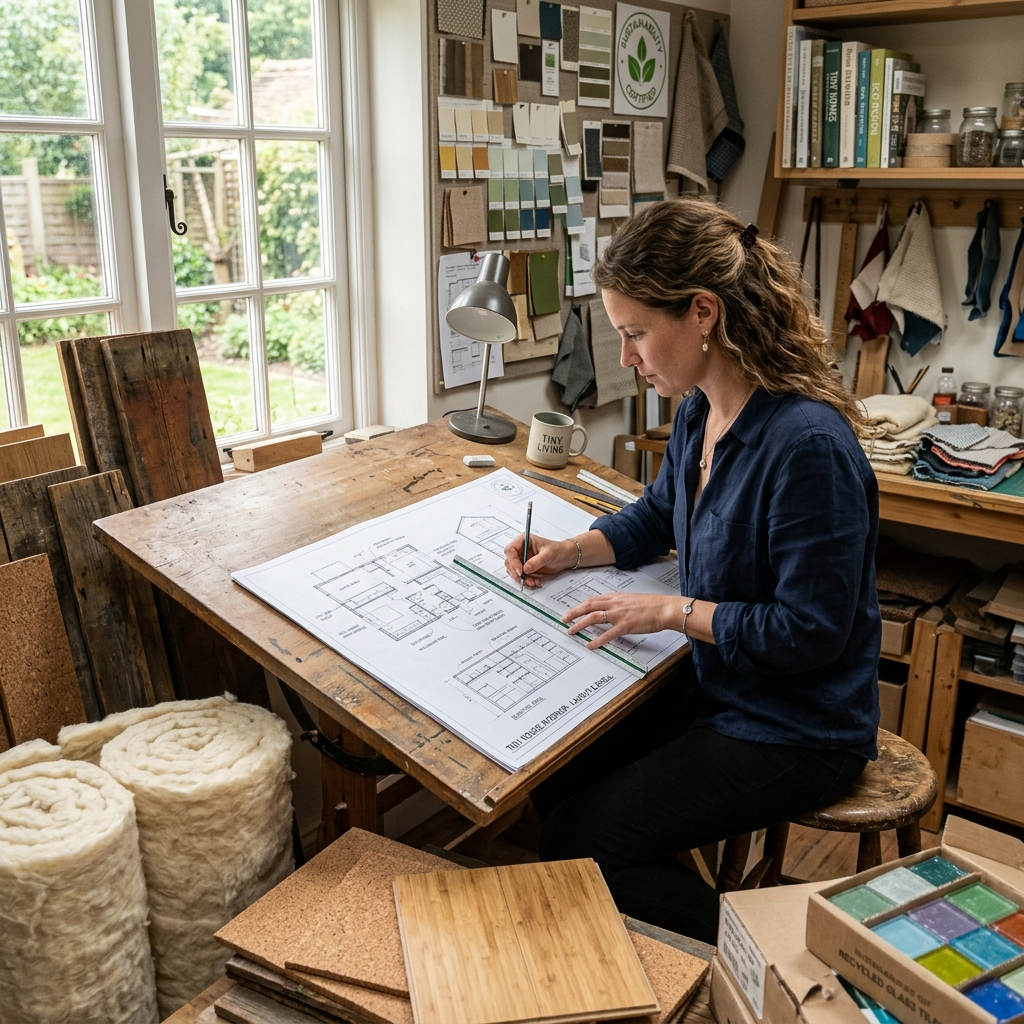 Person sketching interior design plans for a tiny house shell with eco-friendly materials.