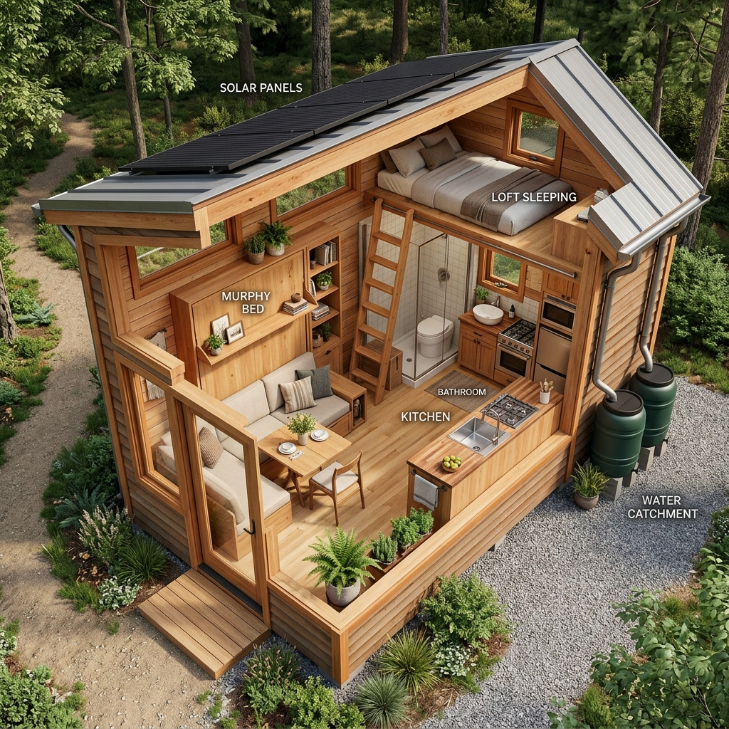 Photorealistic tiny house floor plan with sustainable features and natural materials.