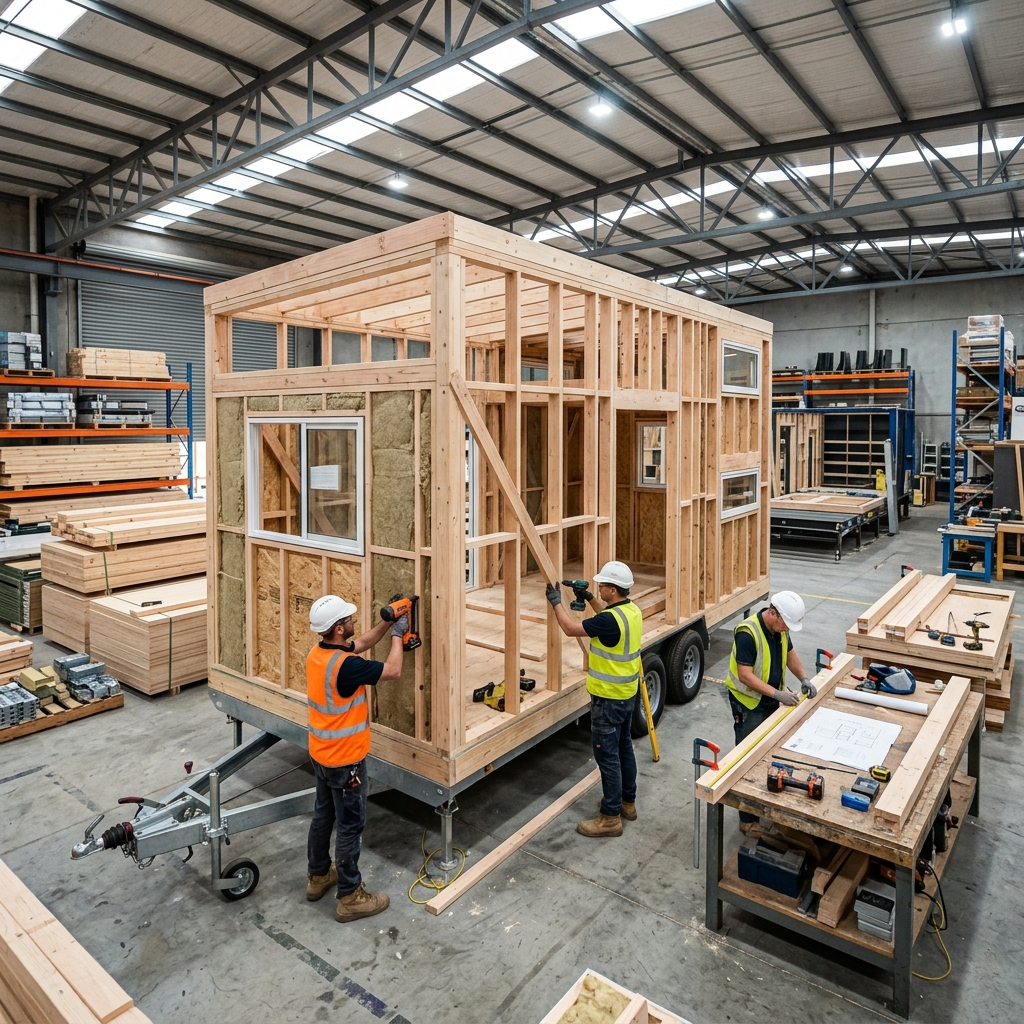Prefab tiny house being assembled in a factory with workers and sustainable materials visible.