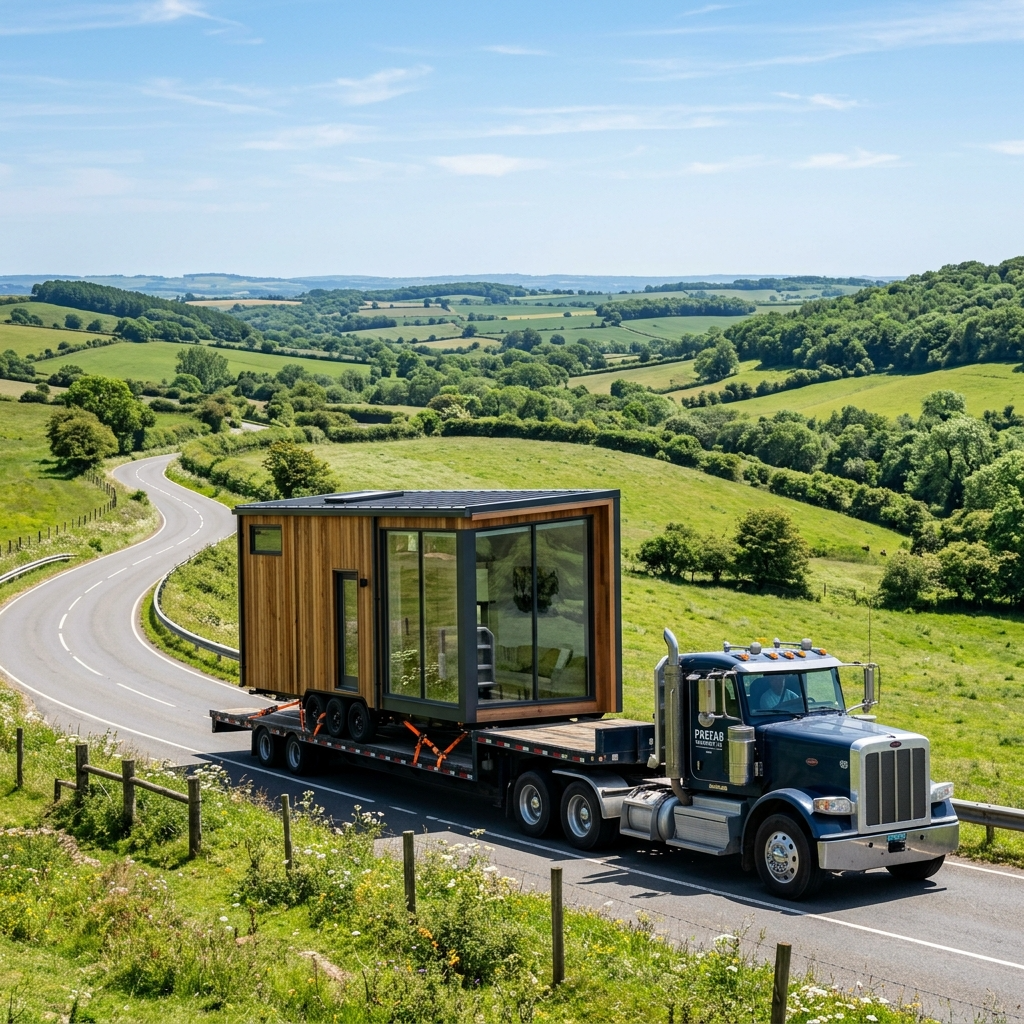 Prefab tiny house on a truck, showcasing mobility and modern design in a scenic countryside setting.
