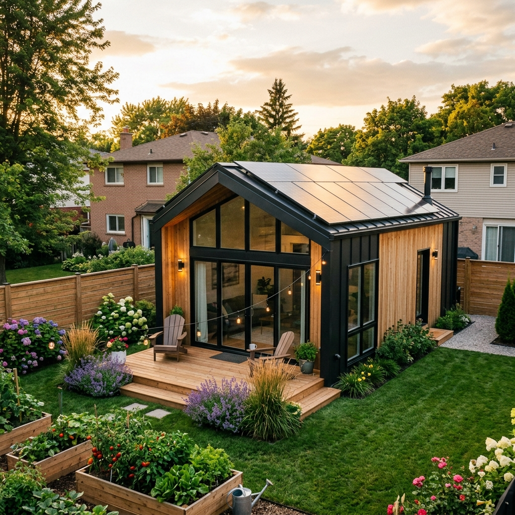 Prefab tiny house with solar panels in a suburban backyard.