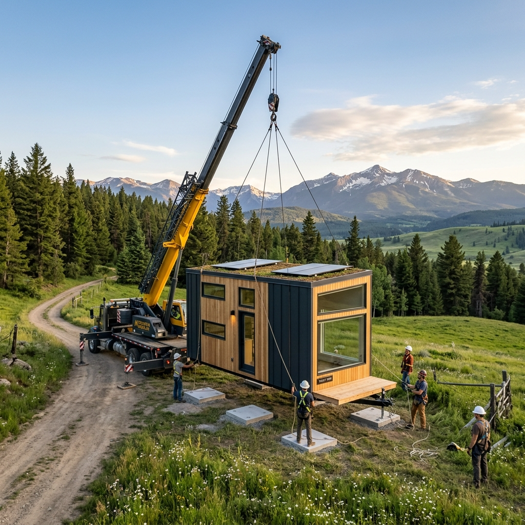 Prefabricated tiny house being delivered to a scenic location.
