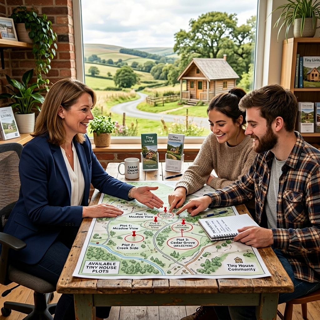 Real estate agent helping couple find land for tiny house rental.