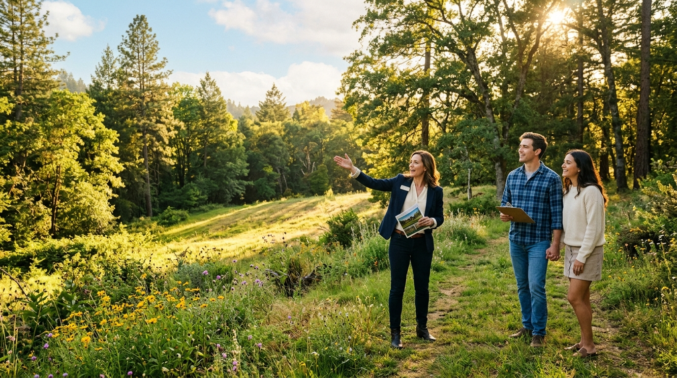 Real estate agent presenting land for a tiny house with natural features.