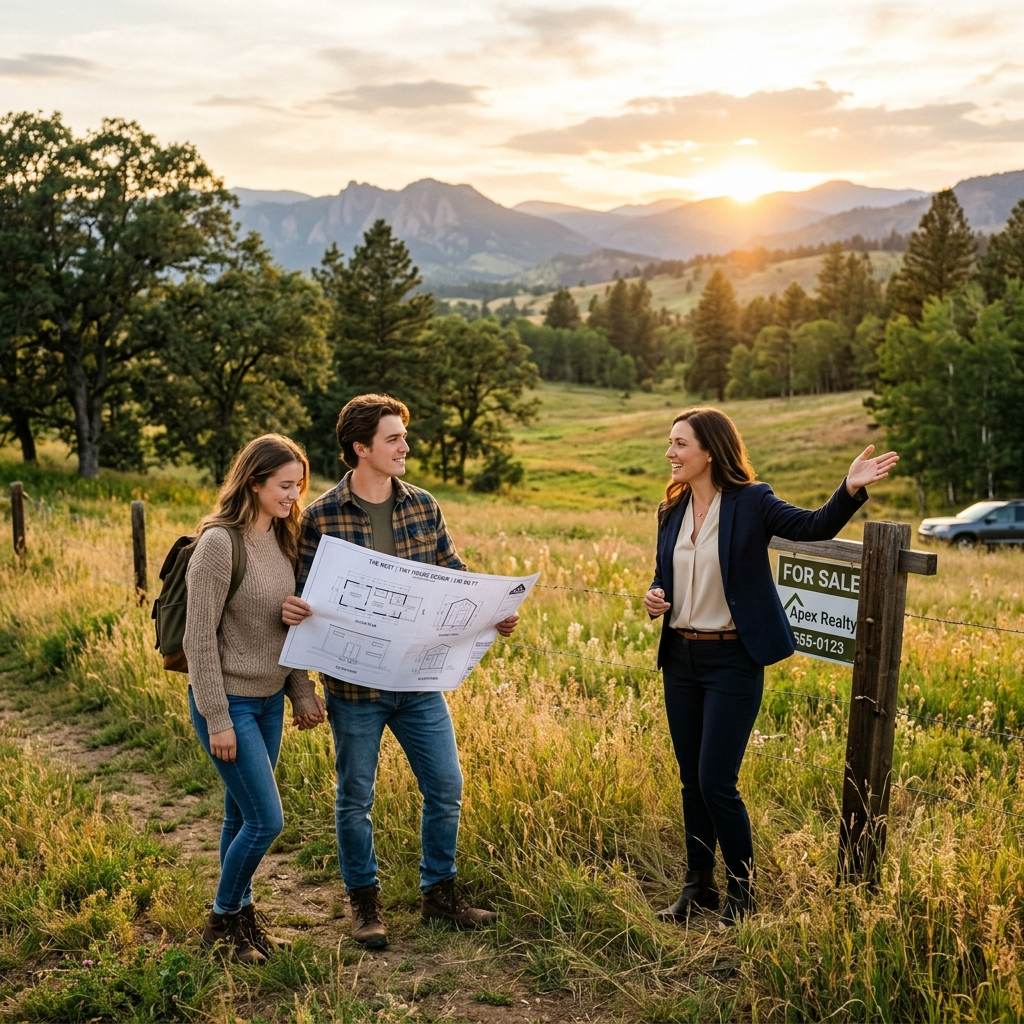 Real estate agent showing a couple a scenic plot of land for a tiny house.