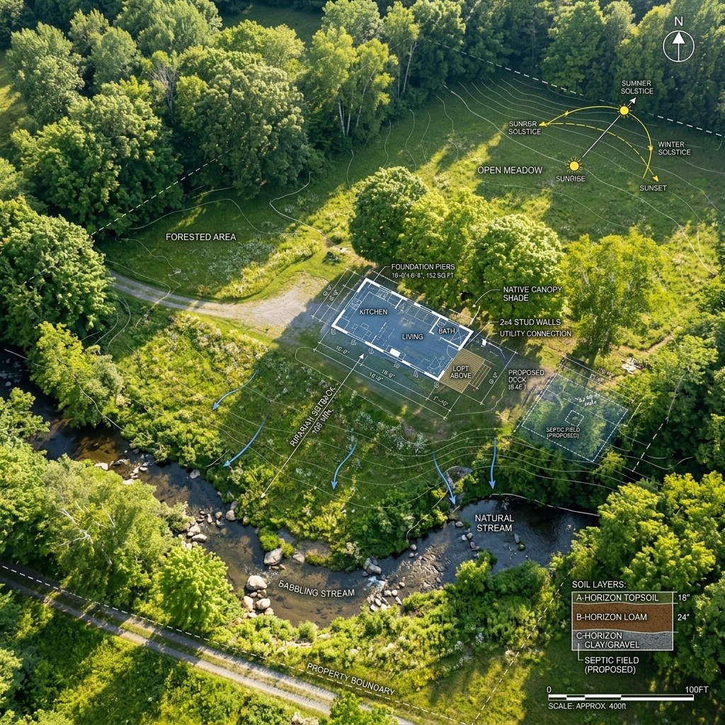 Rural land with tiny house blueprint overlayed, showing natural features.