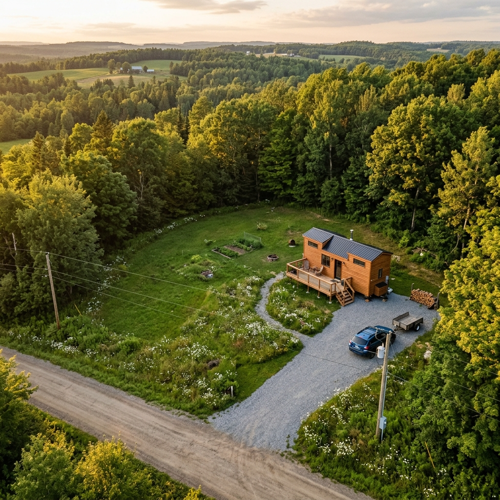 Rural plot of land with tiny house and utility poles for zoning and utility considerations.