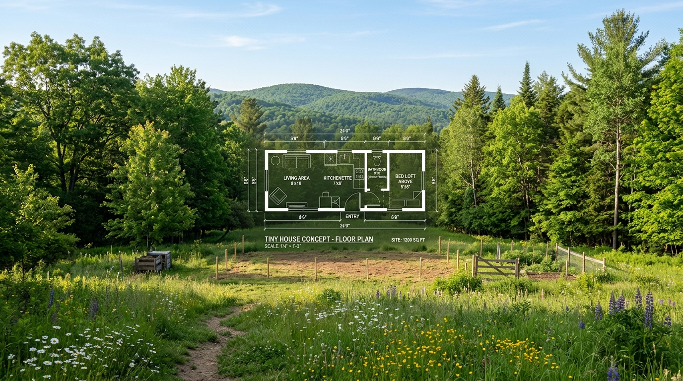 Rural plot of land with tiny house blueprint overlay for location research.
