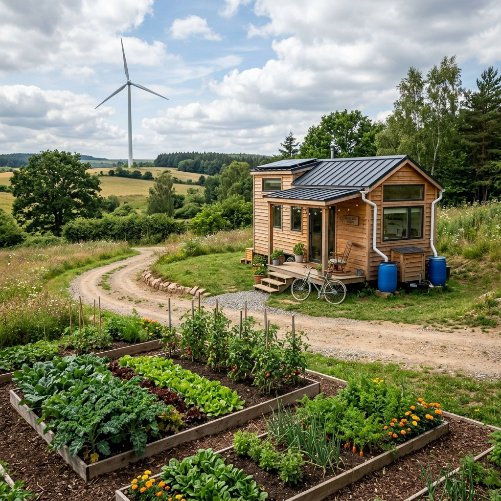 Rural tiny house location with garden, rainwater system, and wind turbine.