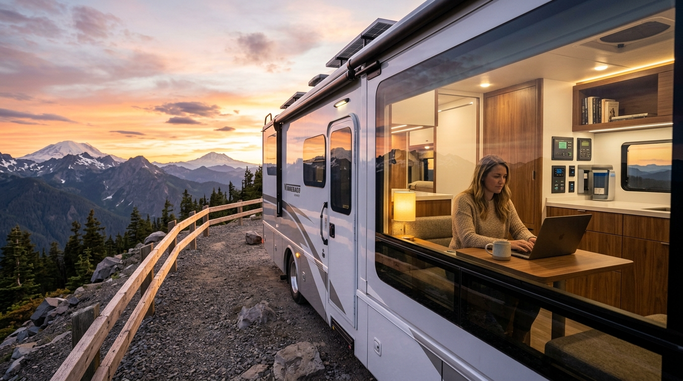 RV parked at a mountain overlook with a digital nomad working inside, highlighting mobility and comfort.