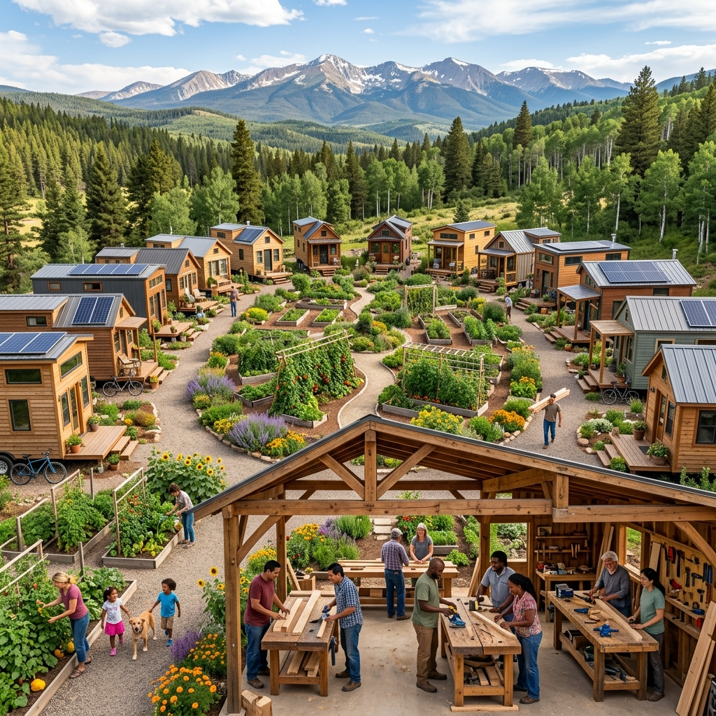 Shared tiny house community in Colorado with gardens and workshops.