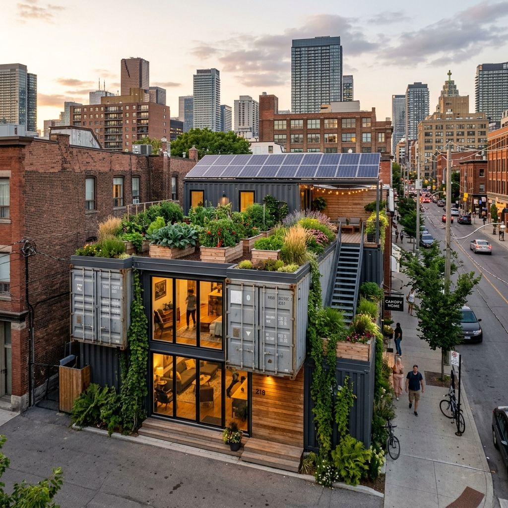Shipping container home with rooftop garden in an urban setting, showcasing sustainability and modern design.