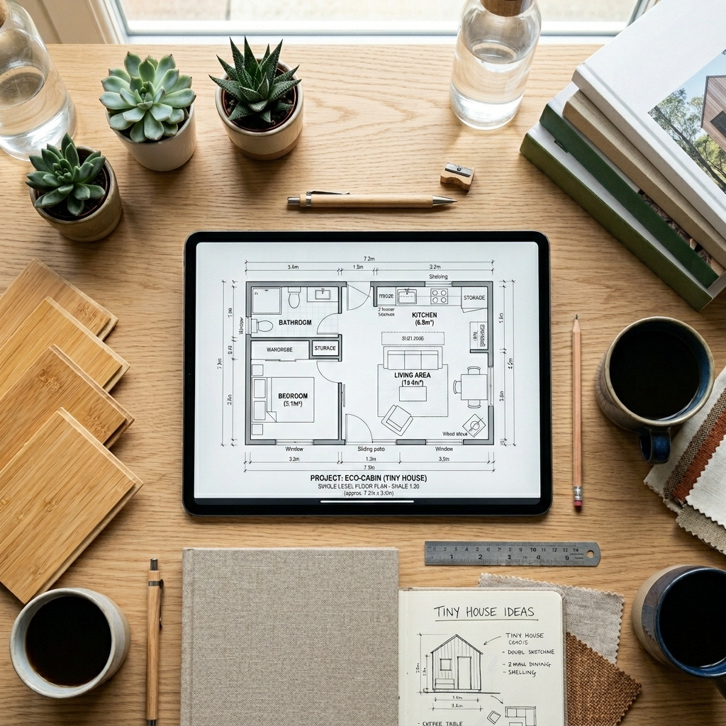 Single-level tiny house plan on a tablet with eco-friendly materials.