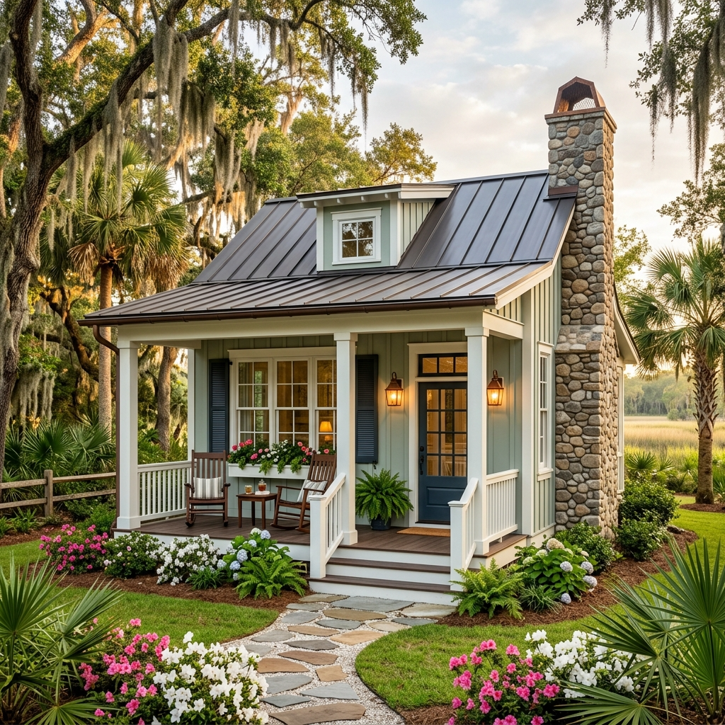 Southern Living Lowcountry Cottage tiny house with a porch and stone fireplace.
