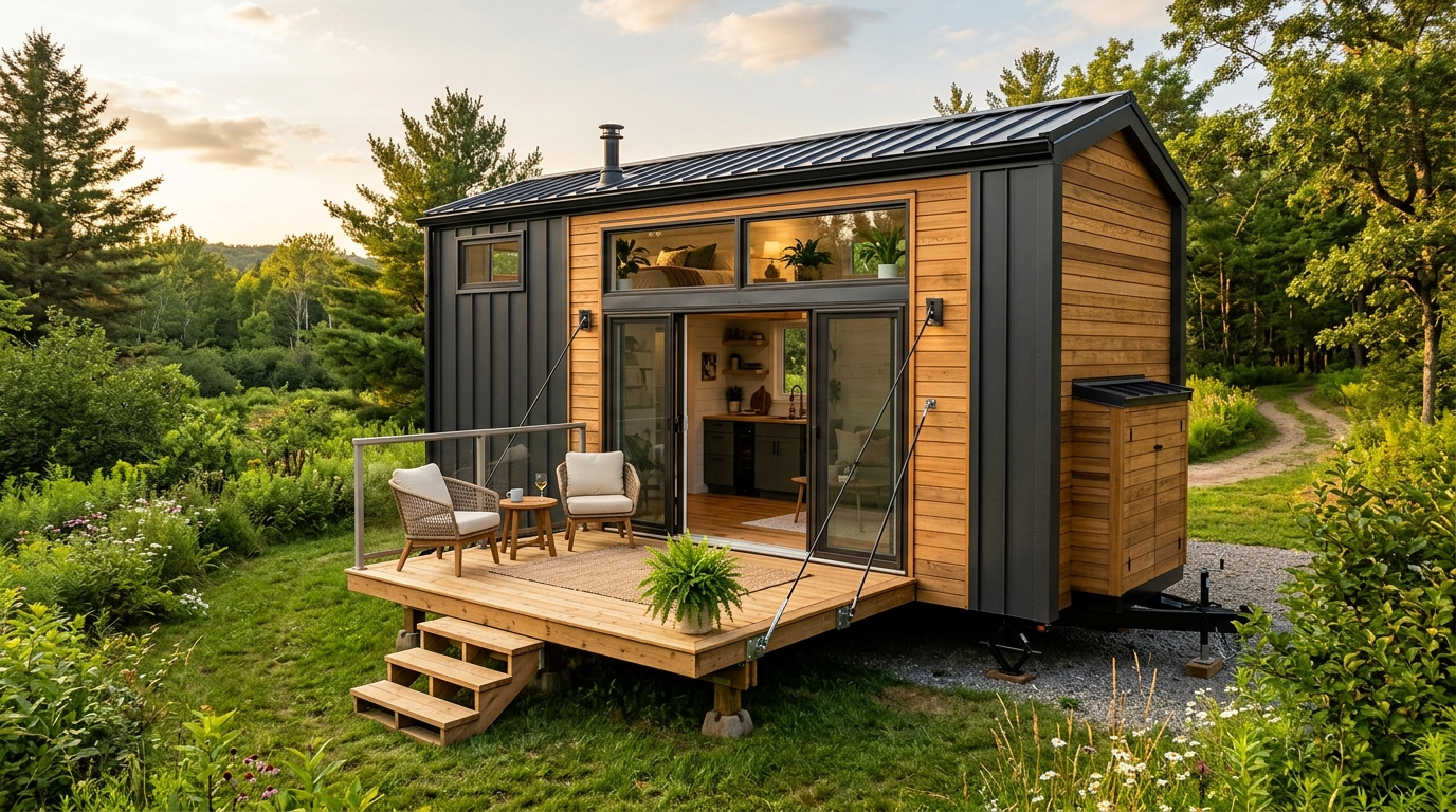The Alpha tiny house with drop-down deck and modern design.