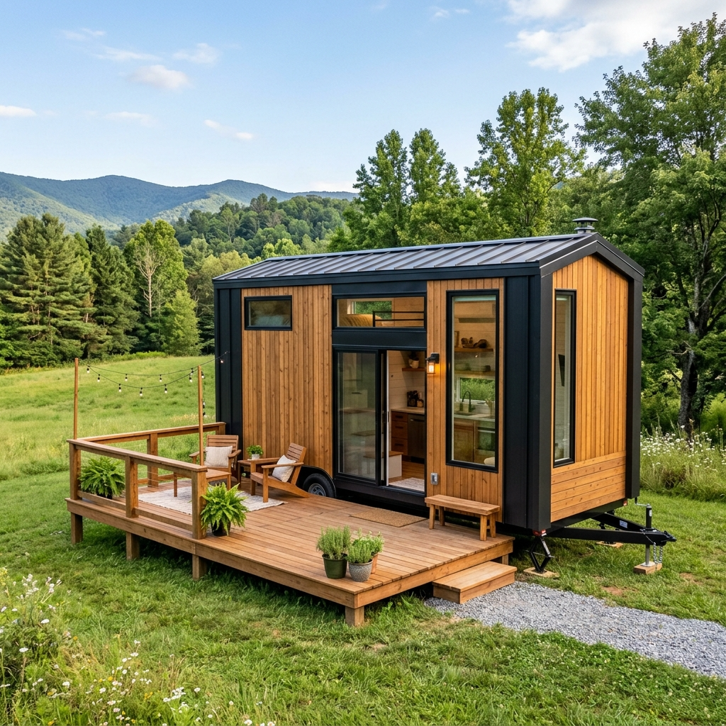 The Triton tiny house with large deck and stylish design.