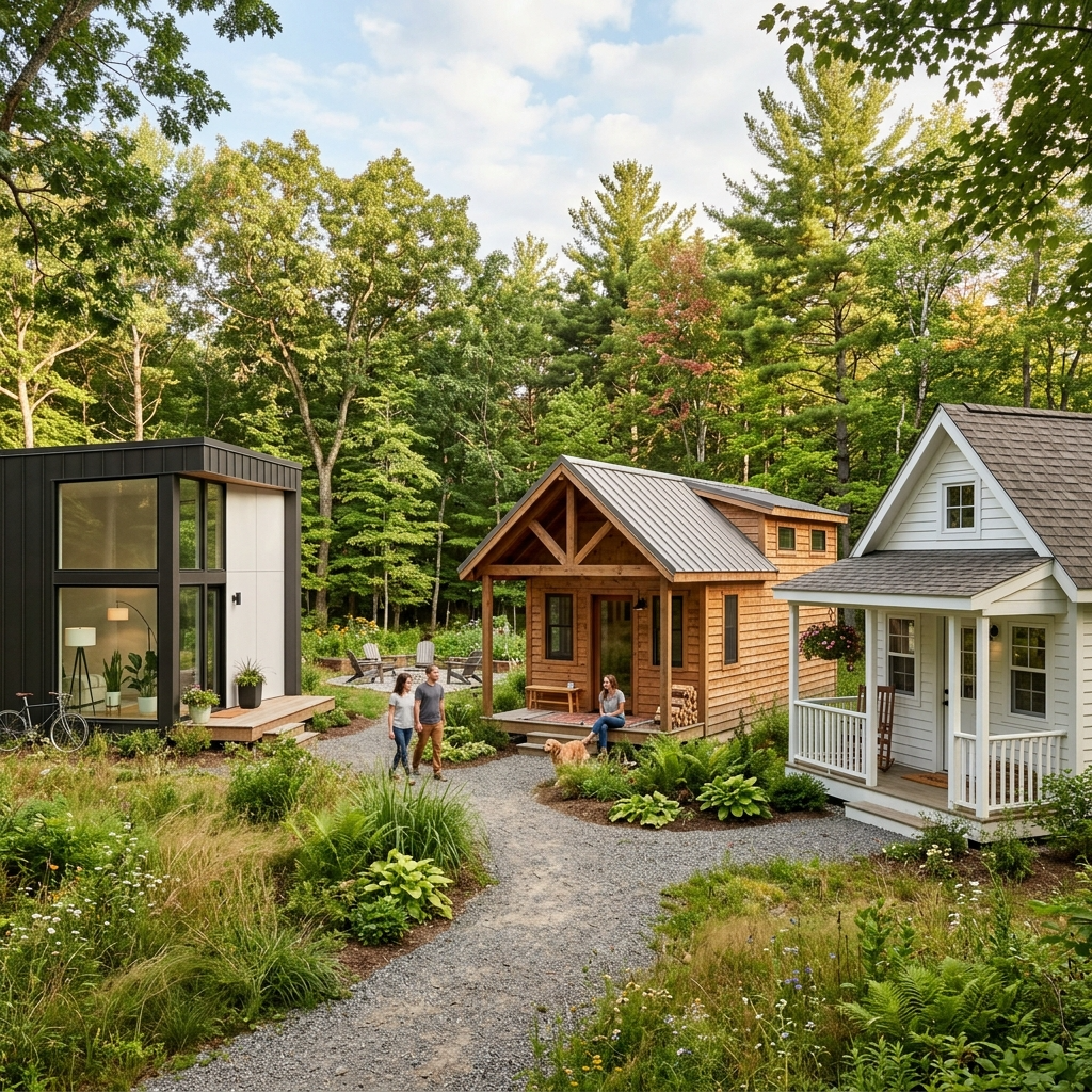 Three prefab tiny houses in modern, rustic, and traditional styles in a lush community setting.