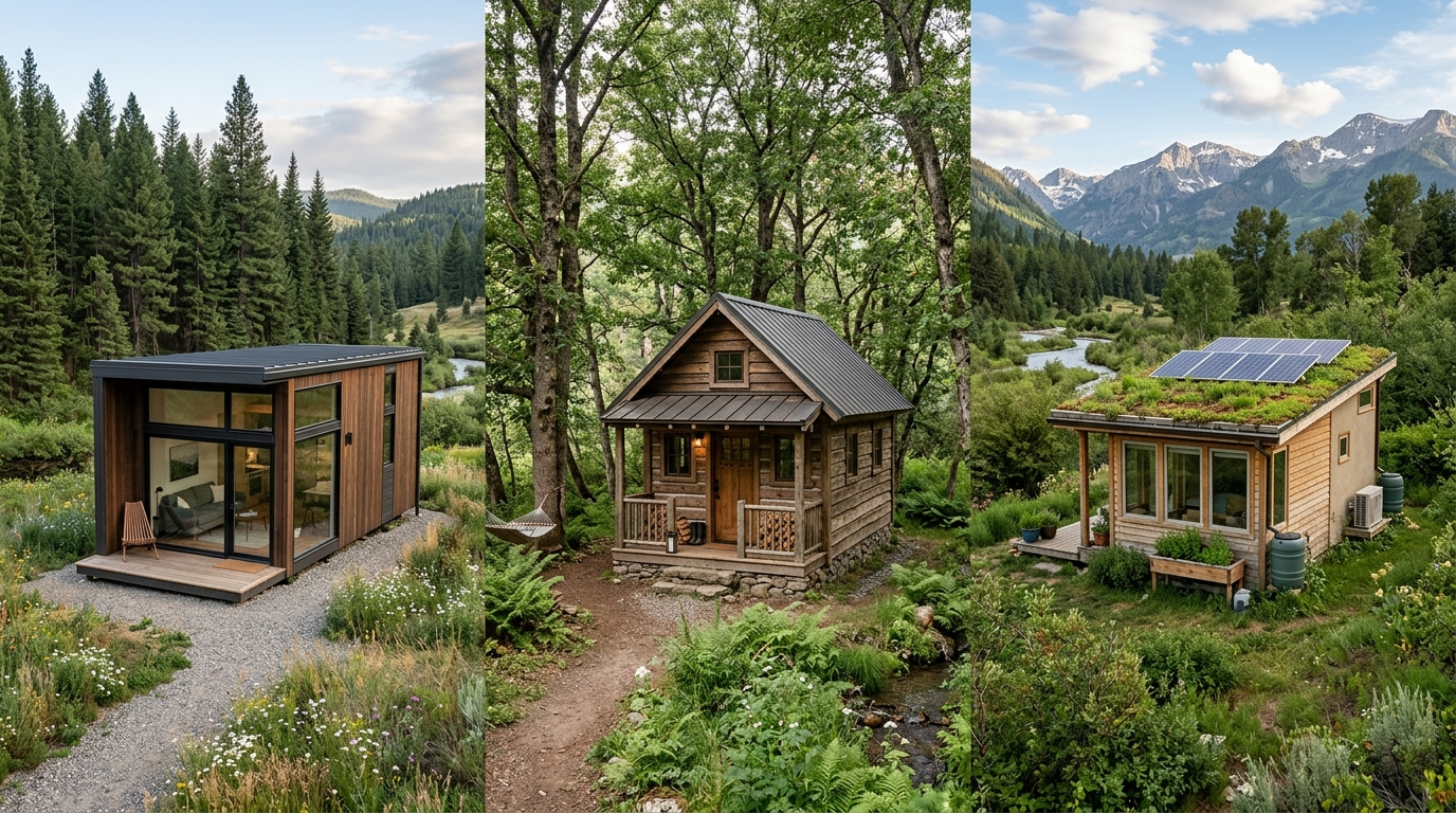 Three tiny house designs: modern, rustic cabin, and eco-friendly sustainable options in natural settings.