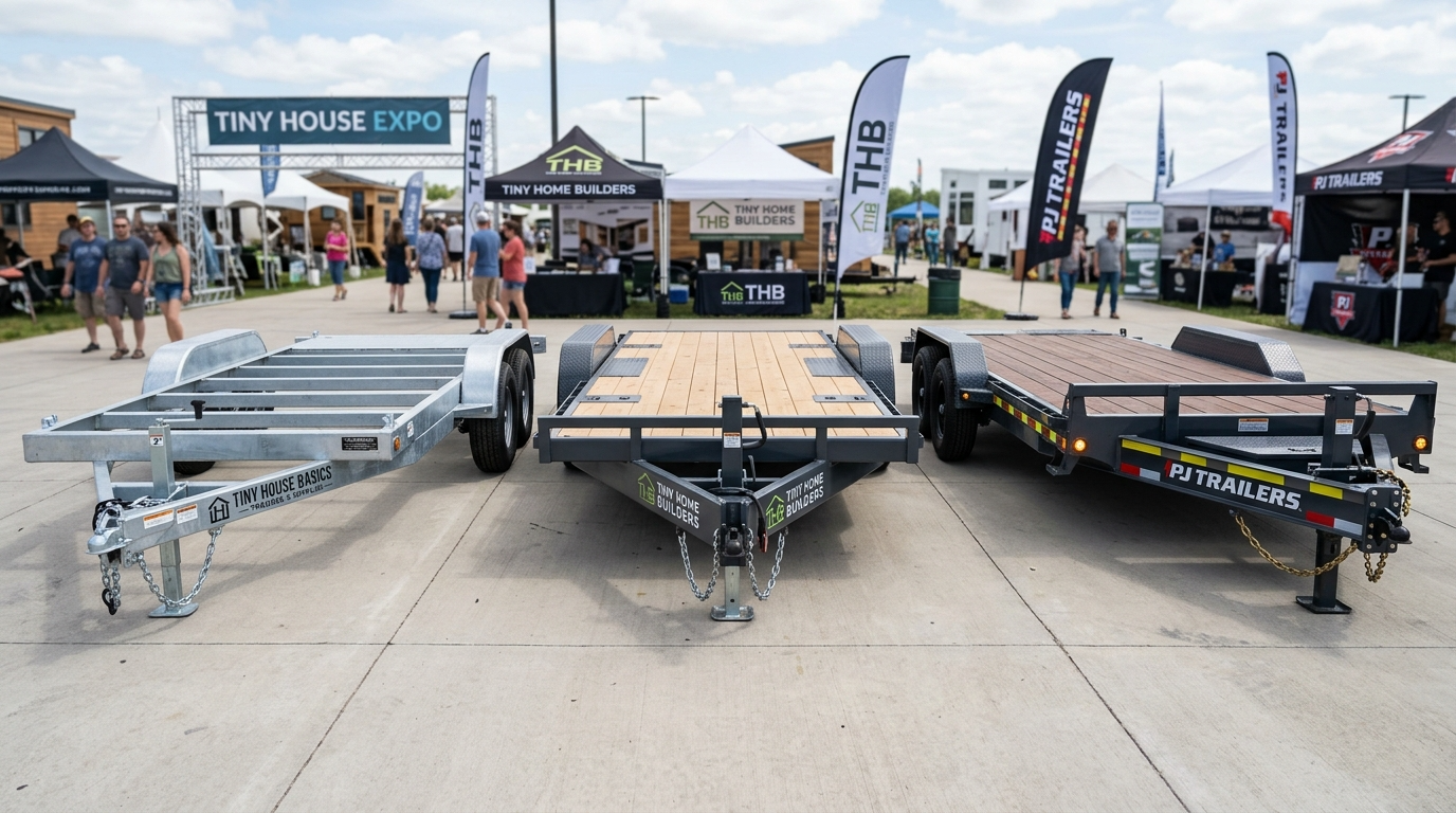 Three tiny house trailers from different manufacturers displayed side by side with unique features.