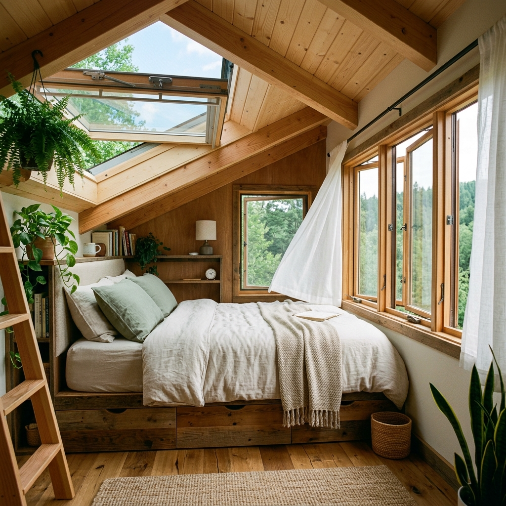 Tiny house bedroom with operable windows and skylight for ventilation and fresh air.