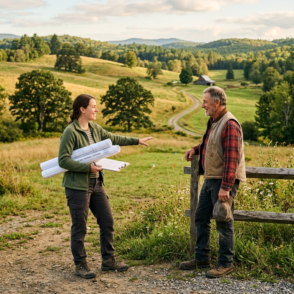 Tiny house buyer negotiating land purchase in a scenic rural area.