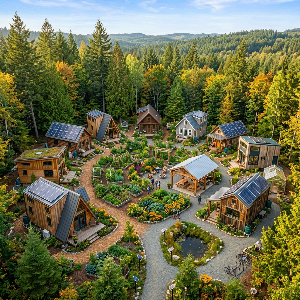 Tiny house community in forest with eco-friendly designs and shared garden.