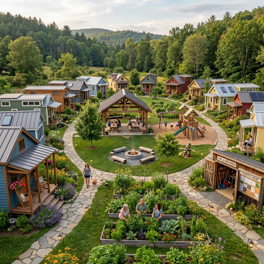 Tiny house community with gardens and shared spaces for harmonious living.