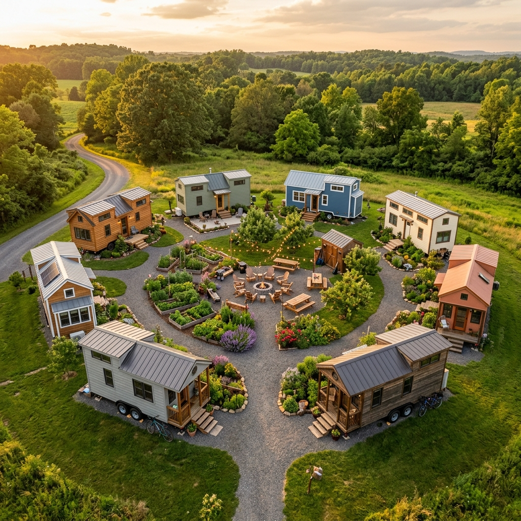 Tiny house community with shared garden and seating area, showcasing alternative housing and community living.