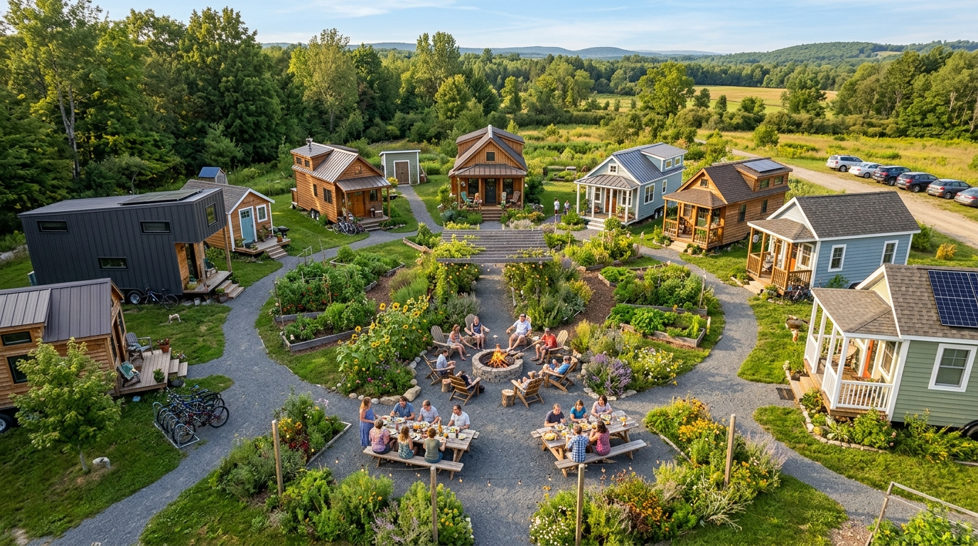 Tiny house community with shared garden, fire pit, and people interacting.