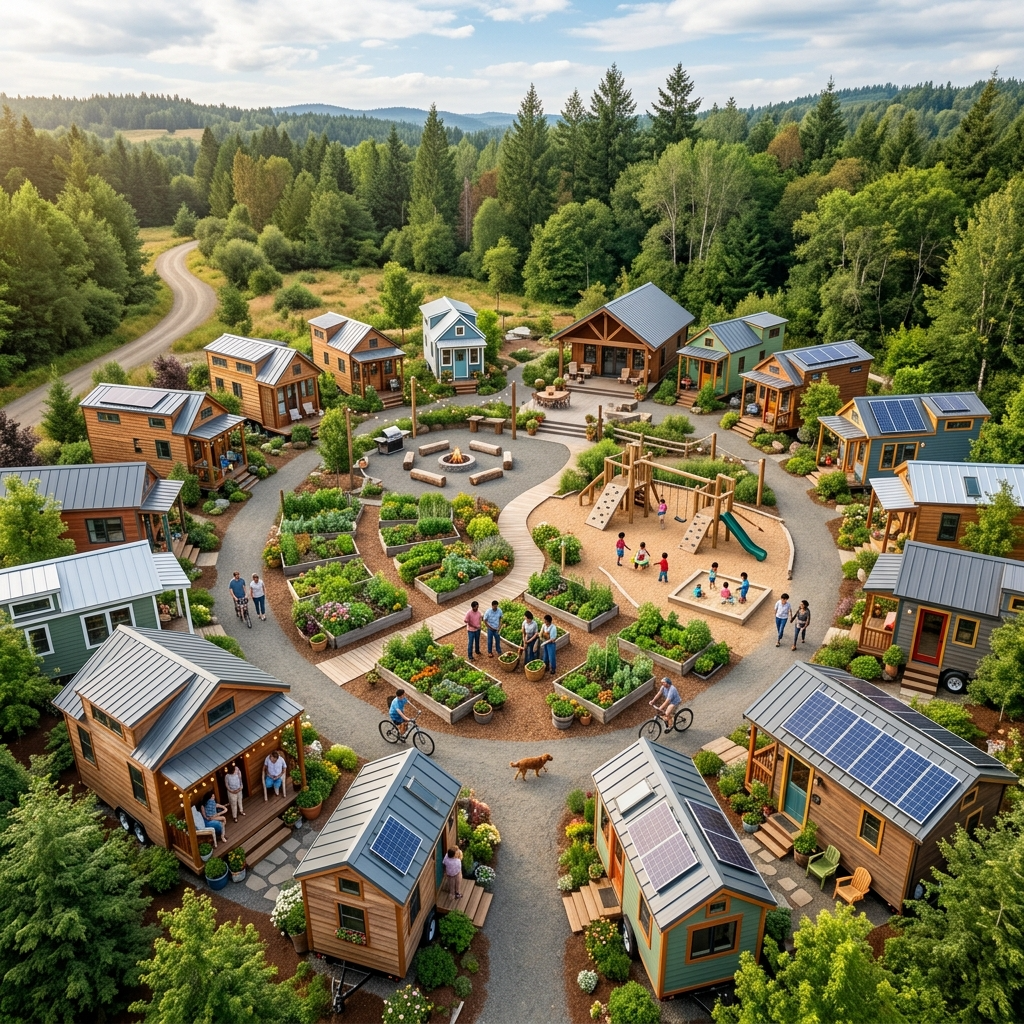 Tiny house community with shared garden, solar panels, and friendly neighbors.
