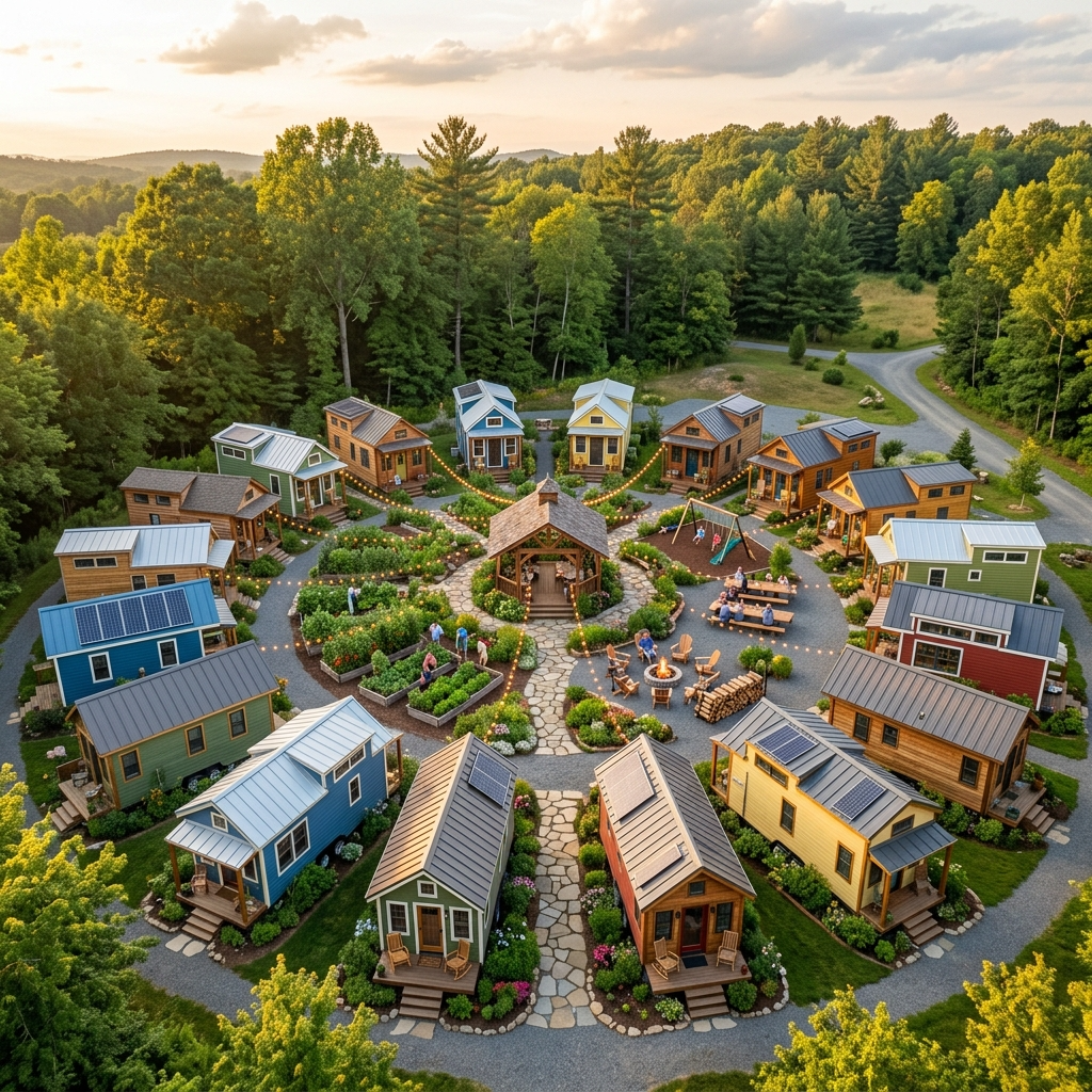 Tiny house community with shared spaces and gardens promoting sustainability.