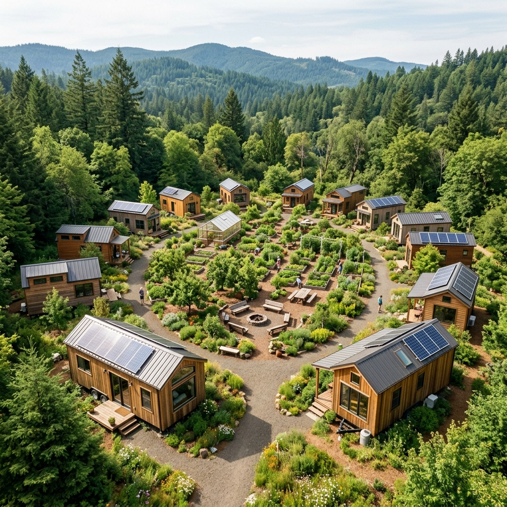 Tiny house community with solar panels and a communal garden, emphasizing sustainability and minimalism.