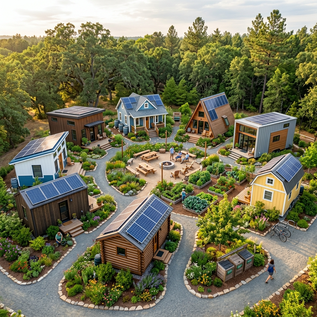 Tiny house community with sustainable features like solar panels and gardens.