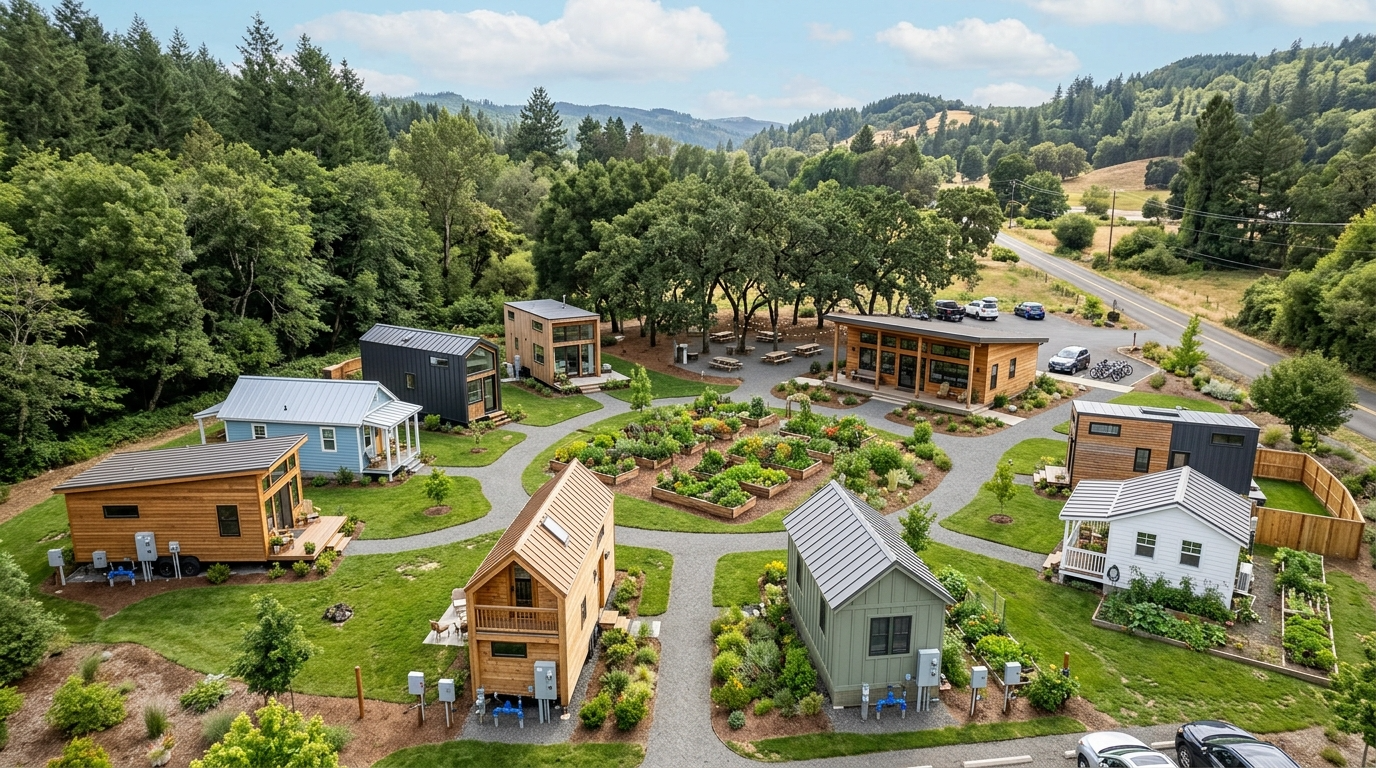 Tiny house community with utility hookups and shared amenities like a garden.