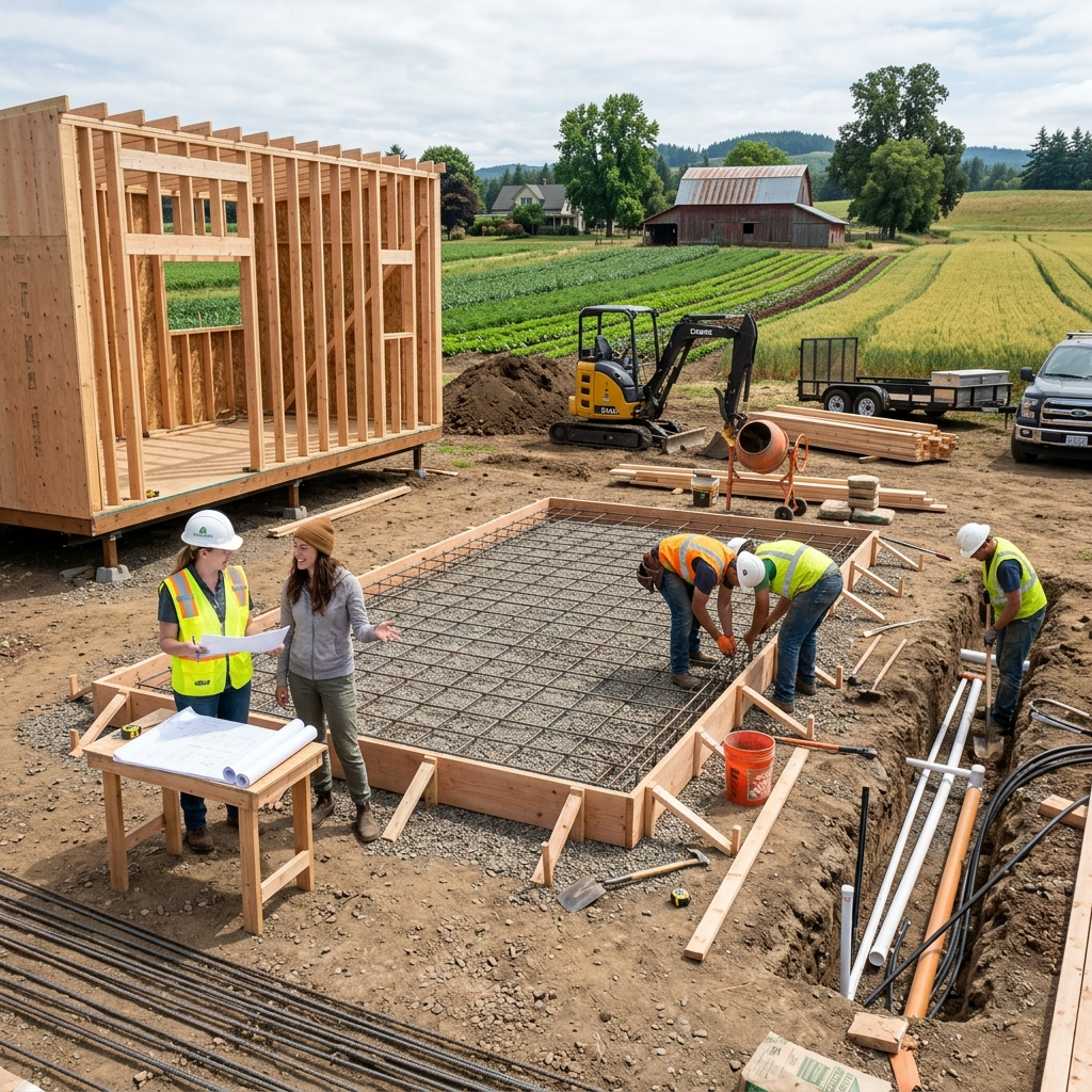 Tiny house construction on farmland with foundation and utility setup.