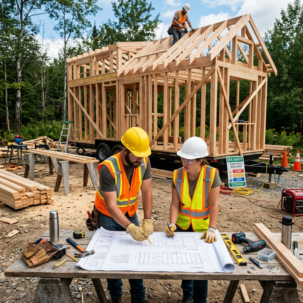 Tiny house construction site with builders using blueprints.