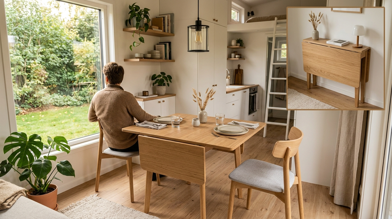 Tiny house dining area with foldable drop-leaf table in expanded and folded positions.