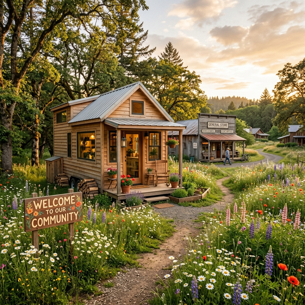 Tiny house in a peaceful rural community with nearby amenities and welcoming sign.