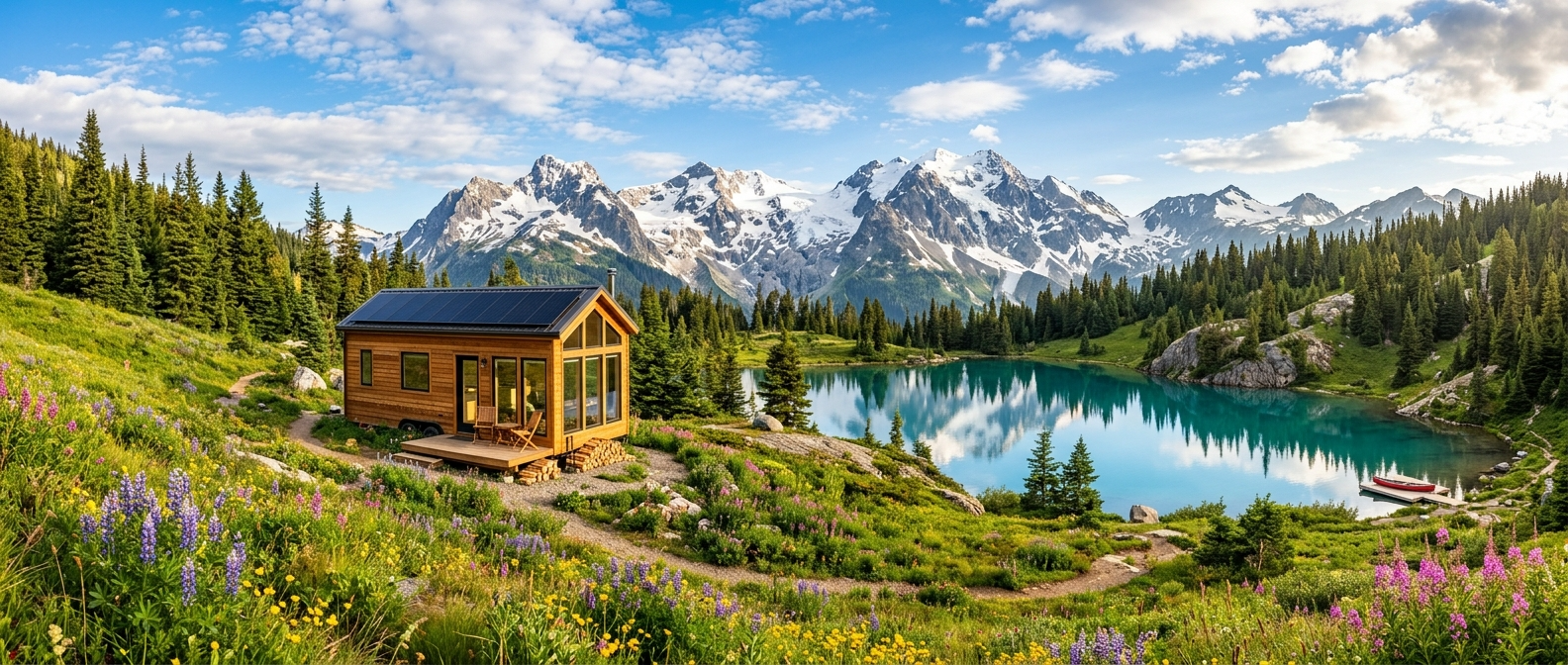 Tiny house in a scenic landscape with mountains, lake, and sunlight for solar power.
